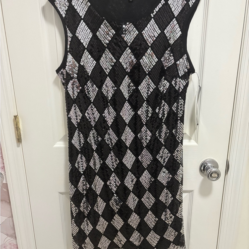 Mlle Gabrielle Black and Silver Diamond Sequin Mini Dress